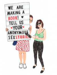 Illustration of Shaina Feinberg and Julia Rothman holding a sign soliciting anonymous sex stories