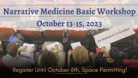 Fall Narrative Medicine Basic Workshop Banner Image, featuring an overhead image of participants in theater seating writing in notebooks.