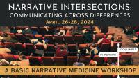 A banner image for Narrative Intersections: Communicating Across Differences April 26-28 2024 showing a black banner with title at the top, an overhead view of an auditorium with people in conversation, and a yellow banner at the bottom.