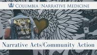 Cover image for Narrative Acts Community Action featuring a man painting a mural of a gold heart with black and white feathered wings, he's wearing a jean jacket with a large gold patch that says The Future Will Be Different